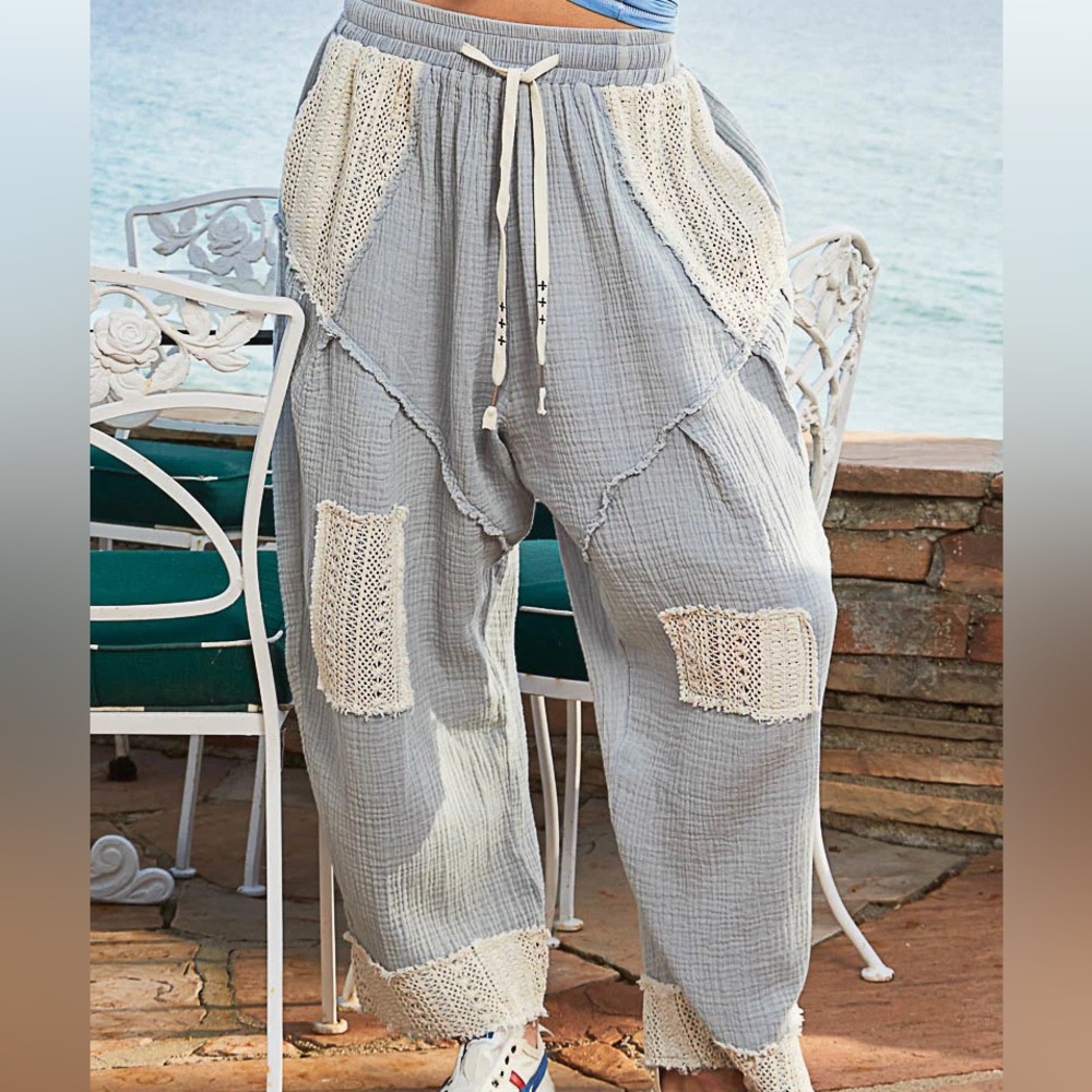POL Gauze Patchwork Crochet Pants in Light Blue - Large NWOT